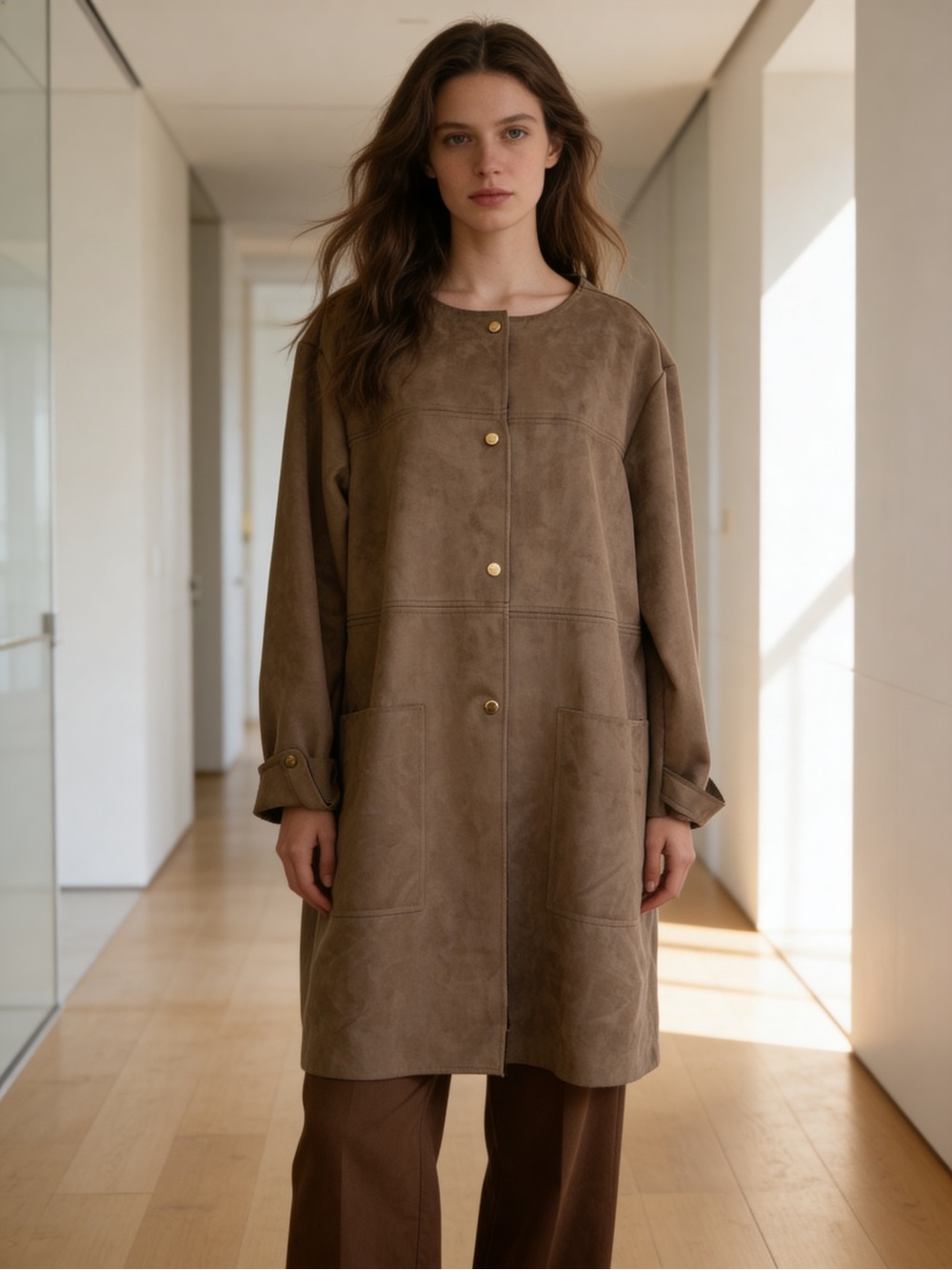 Philosophy Faux Suede Duster Coat Brown Snap Front Topper Jacket XL
